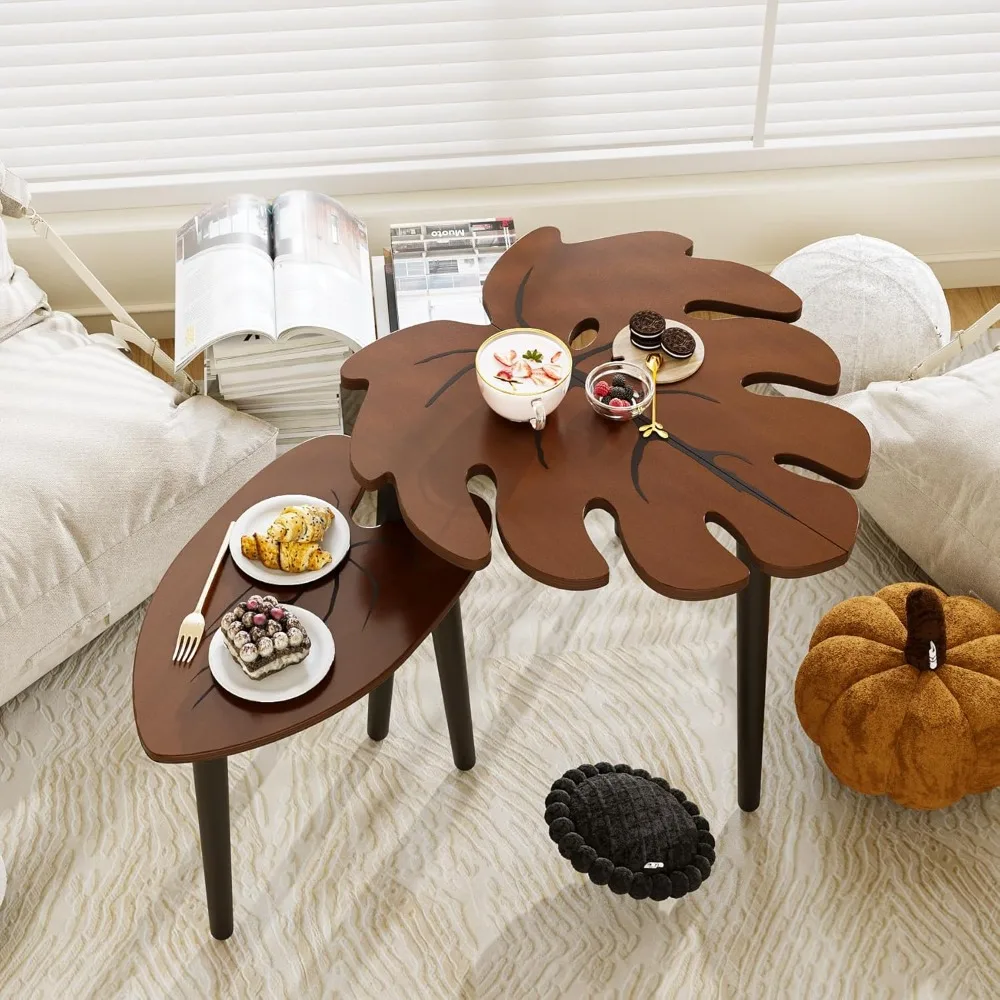 Conjunto de 2 mesas de madeira modernas com design de folha Monstera para sala de estar