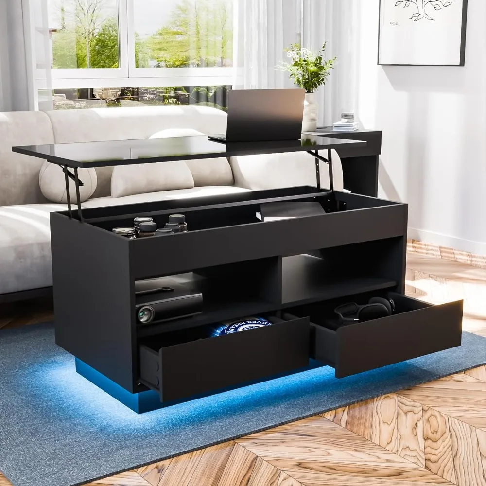 

40‘’ LED Coffee Table for Living Room, Lift Top Coffee Tables with Storage, Morden High Gloss 4 Tiers Black Tea Table