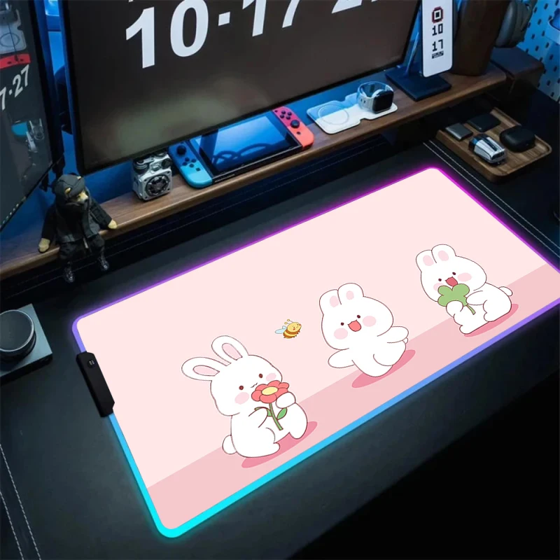 Gaming Backlight Mousepad RGB Cute Kawaii Pink Rabbit Mouse Pad LED Natural Rubber Cool Mouse Mats Game Girl Keyboard Mats Rug