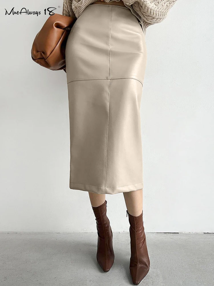 

Mnealways18 Elegant Pu Khaki Skirts Womens High Waist Straight Faux Leather Long Skirts Autumn Office Ladies Zipper Skirts 2024