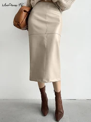 Mnealways18 Elegant Pu Khaki Skirts Womens High Waist Straight Faux Leather Long Skirts Autumn Office Ladies Zipper Skirts 2024