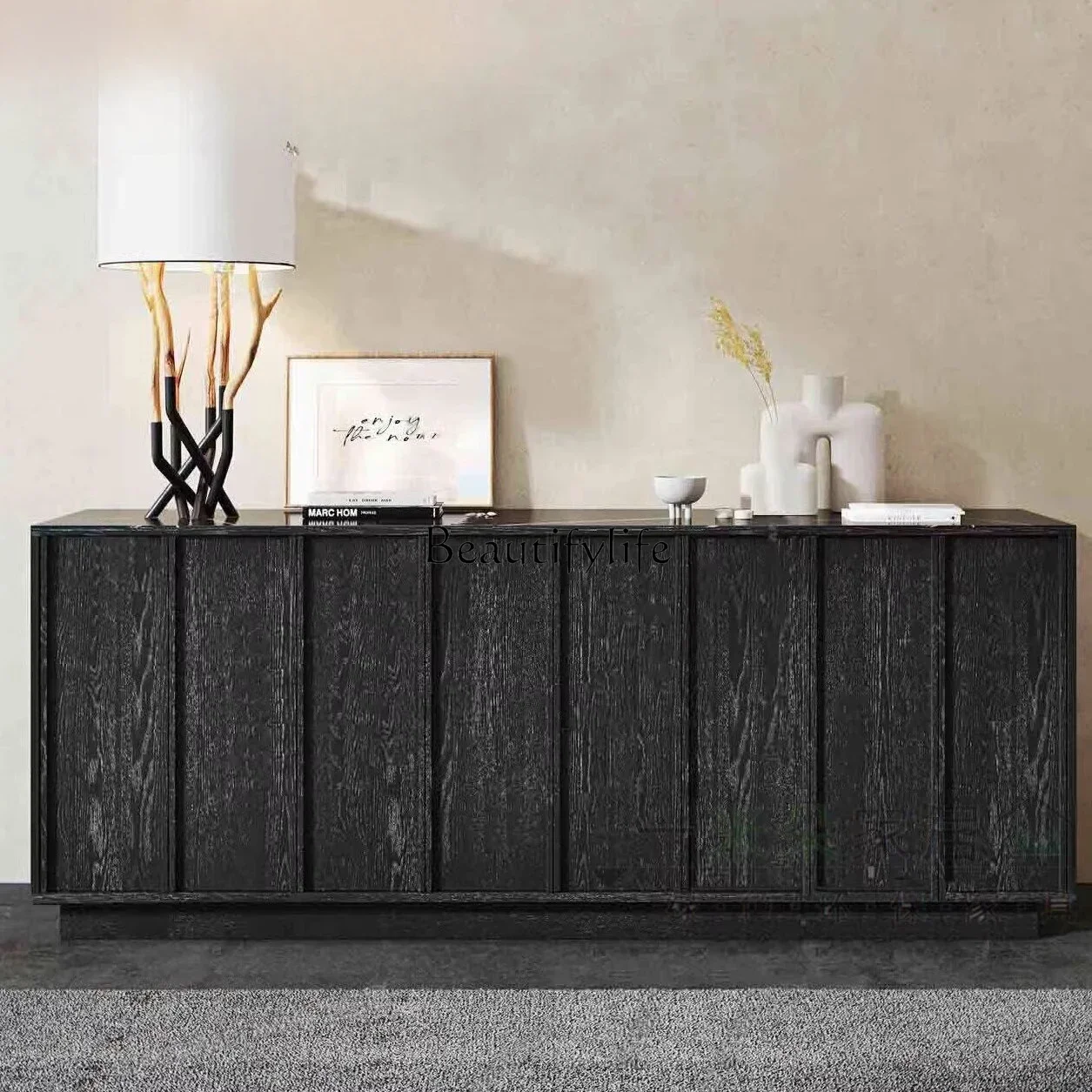 

ls 27wabi-sabi black dining side cabinet Italian minimalist entrance Nordic tea cabinet