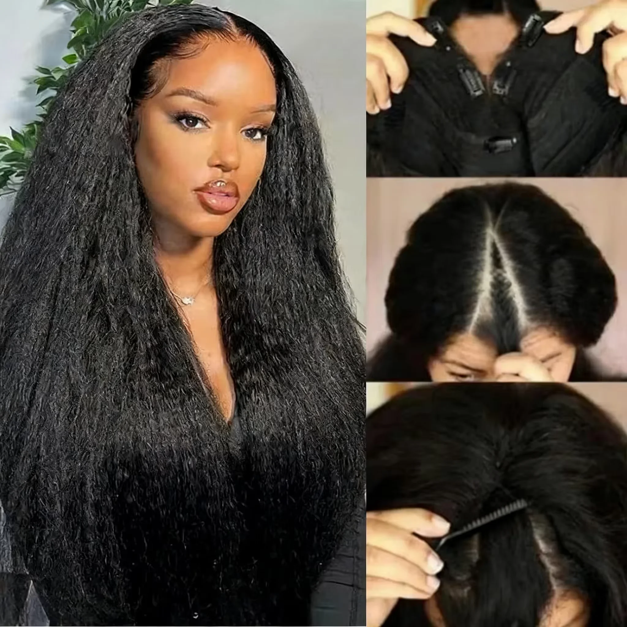 Natural Color Kinky Straight V Part Human Hair Wig Brazilian Remy Hair Machine Upgrade 200% Density No Leave Out No Sew In Minimal Shed Heat Resistant Beginner Friendly For Black Women 30 32 Inch