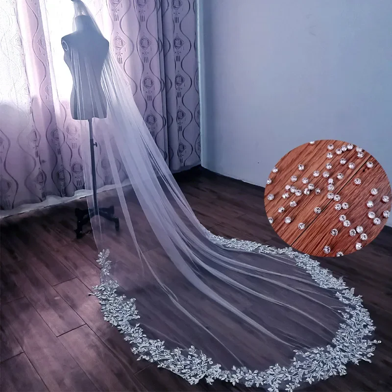 

Charming bridal rhinestone boda lace veil cathedral wedding accessories 3m 4m soft veil for weddings custom made veil
