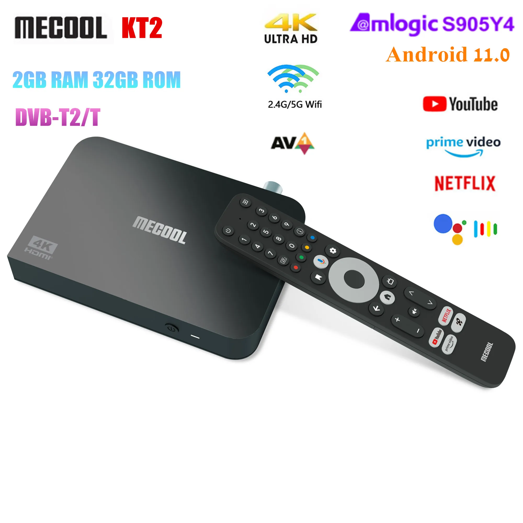 MECOOL KT2 4K Android TV Box DVB-T/T2 Android 11 Amlogic S905Y4-B 2T2R 2.4G/5G WiFi BT5.0 AV1 Support Netflix 4K HDR Set-Top Box