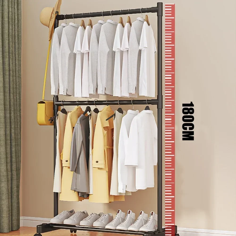 Double-pole Coat Rack Dustproof Floating Shelves for Wall Ironwork Modern Elevated Design Floor Standing Clothes Hanger Stand