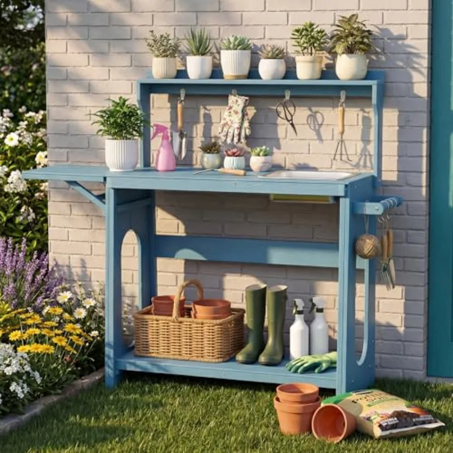 Outdoor Potting Bench Table with Removable Sink for Outside