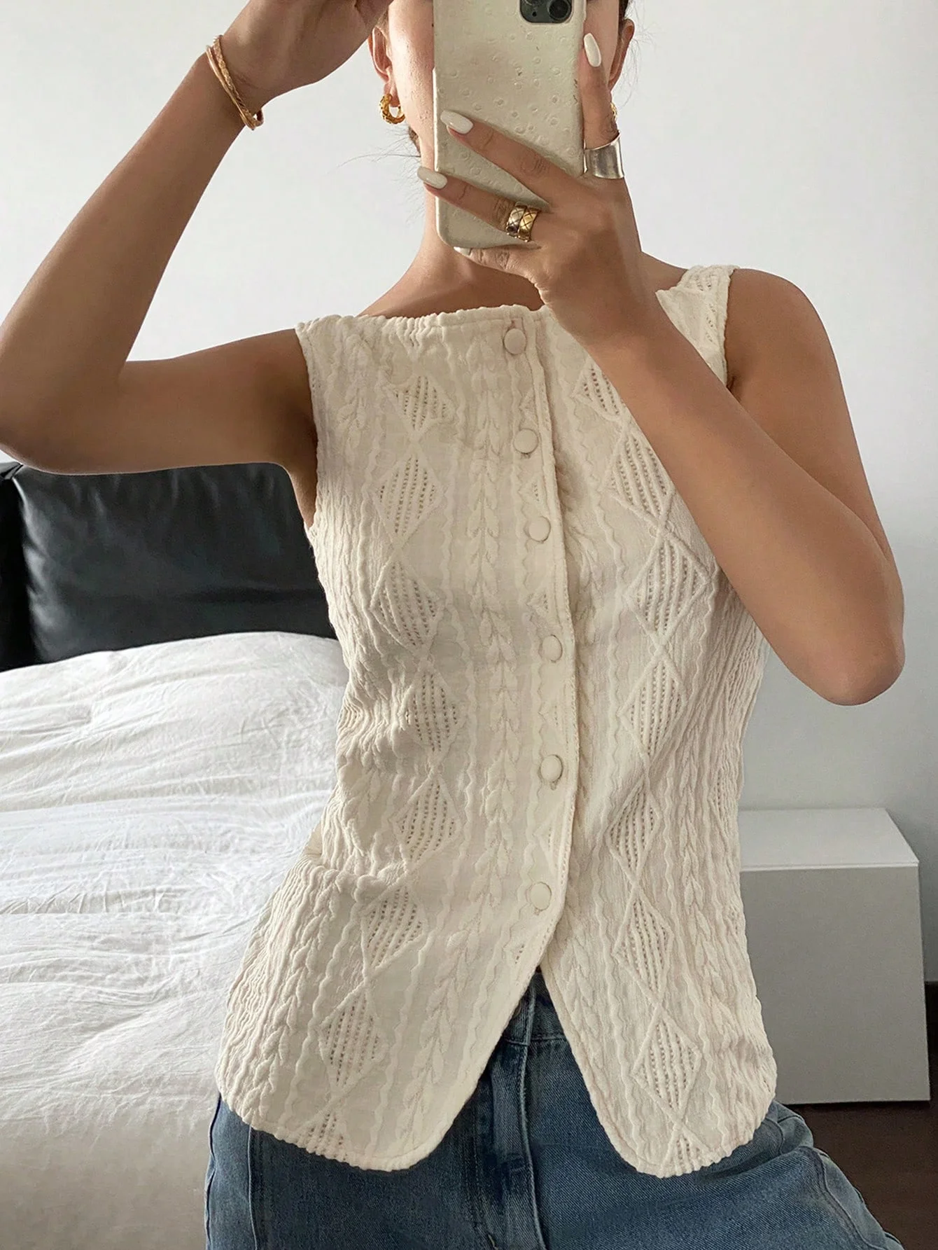 Women's summer sleeveless geometric texture single breasted casual shirt image 6