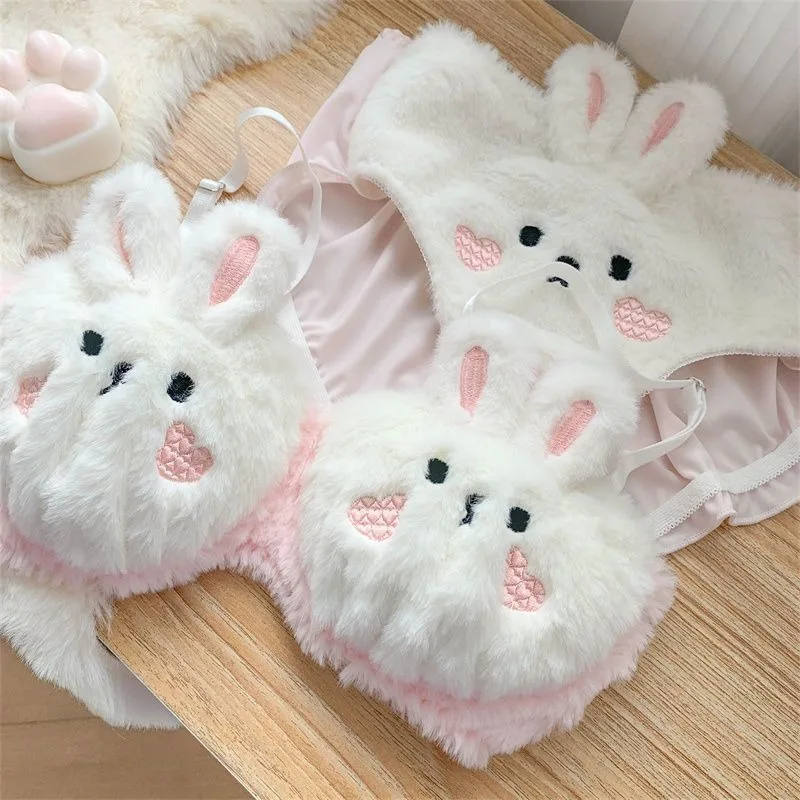 

Pink Rabbit Underwire Soft Underwear Set Fluffy Bunny Bra for Teenage Girls Cute Lingerie Panty Set Women Briefs Bra Underwear