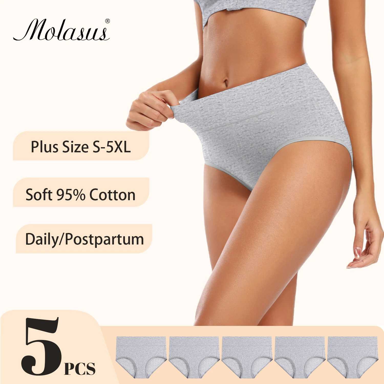 Molasus 5pcs Women\'s Breathable Cotton Panties High Cut Belly Control Briefs Ladies C Section Recovery Underwear Gray Plus Size