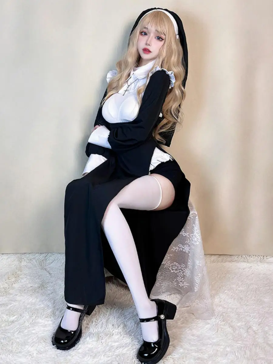 

Сексуальный костюм монахини, плотный костюм трансформации на Хэллоуин, длинный халат горничной большого размера для женщин, материал полиэстера