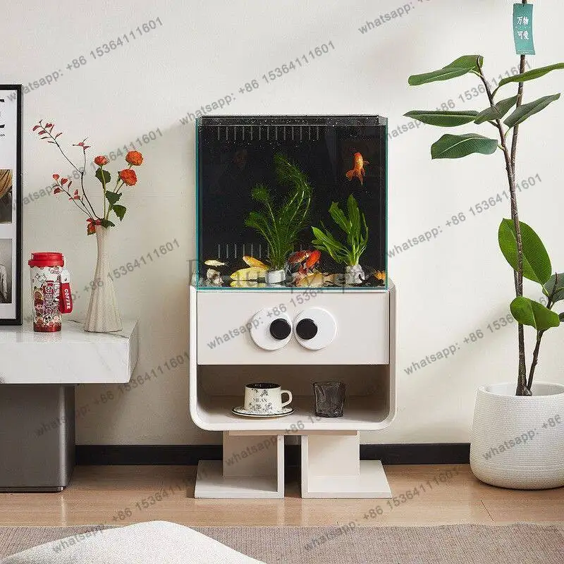 

New creative fish tank living room TV cabinet next to floor-to-ceiling small ultra-white glass goldfish aquarium