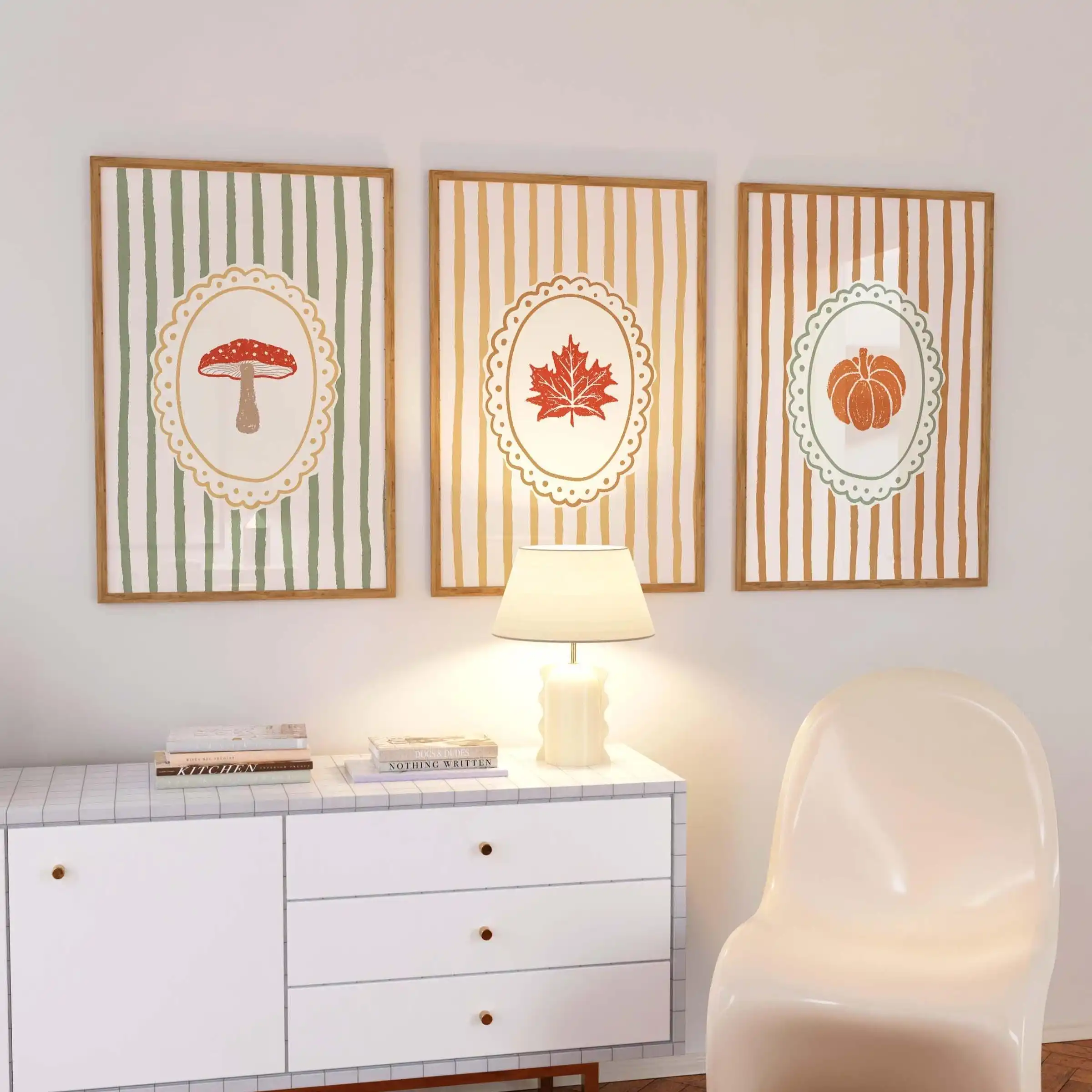 3pcs/Set Striped Fall Pumpkin Wall Art Prints - Unframed Mushroom, Maple Leaf Canvas Posters for Living Room and Bedroom Decor