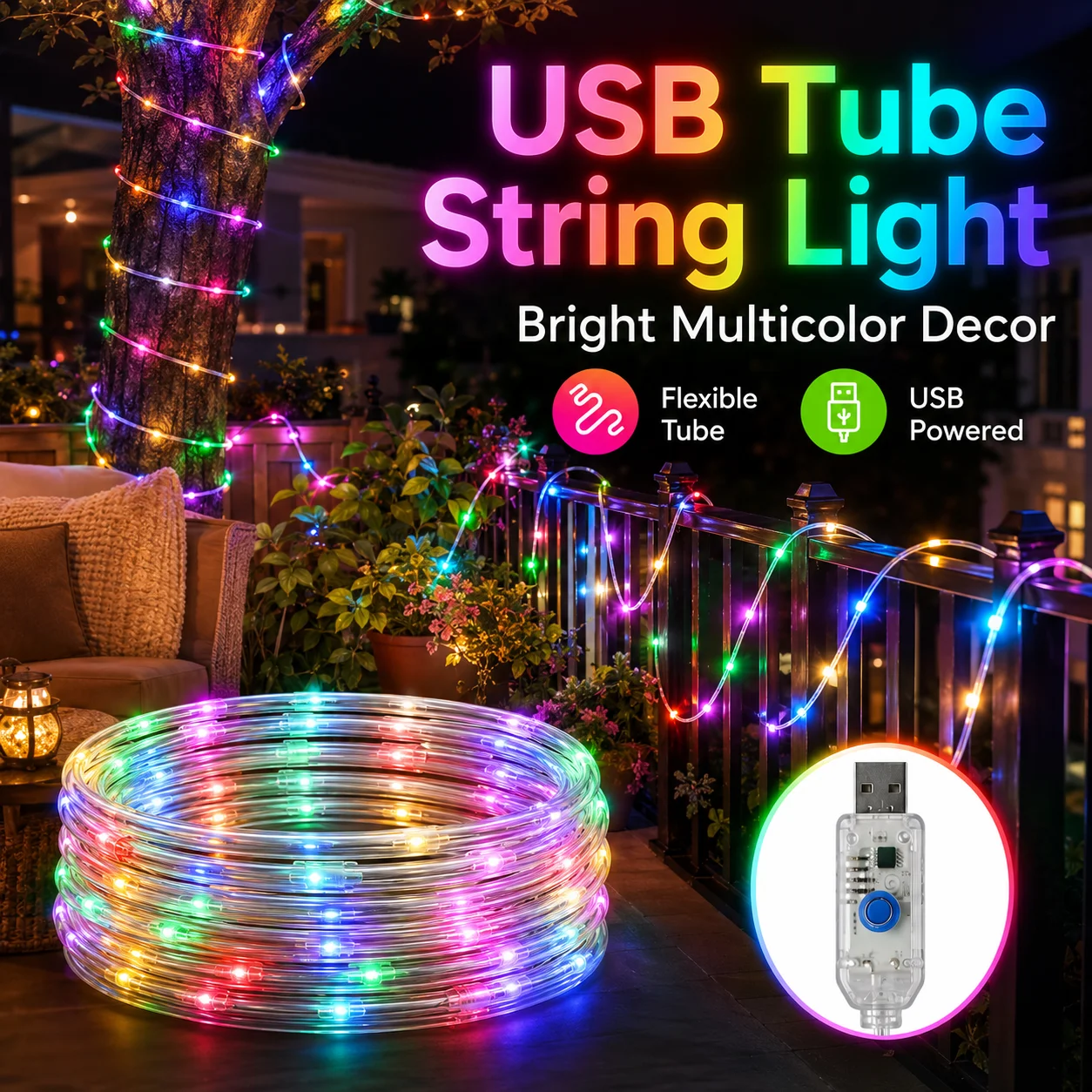 LED String Lights USB Tube Rope Light 7-22M 50-200LED Multicolor Flexible DIY Decor for Bedroom Patio Party Christmas Halloween