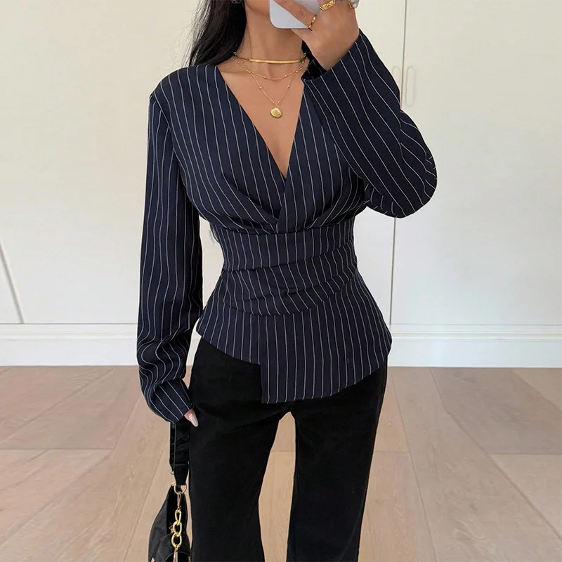 Bonboho 2026 New Women's Ruched Waist Blouse Navy Blue Pinstripe Deep V-Neck Long Sleeve Business Casual Workwear T-shirt Top