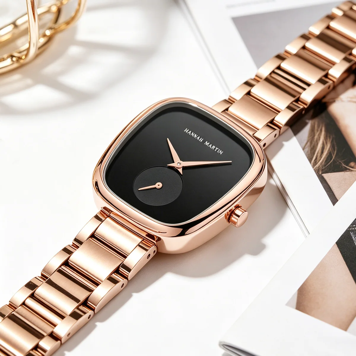 Hannah Martin 1/2Pc Women's Watch Original Elliptical Case 34mm Barrel shaped Clock Quartz Movement Timing Subdial Stainless Steel Strap European Minimalist Style Dial Paired With Summer Dress Watch Local Fast Shipping