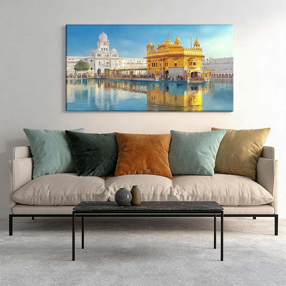

Large-sized solid wood frame canvas painting 1pc Golden-hued Sikh temple, water.