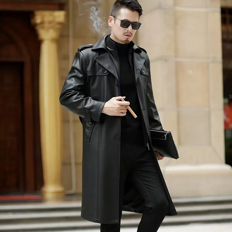 Cross-border Amazon Hot Selling Men's PU Leather Coat Autumn and Winter Men's Casual Business Double Collar Fur Coat Plus Long