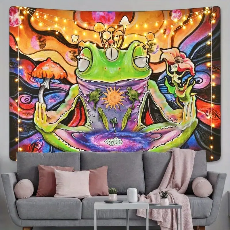 VIKAMA Meditation Frog Tapestry Psychedelic Mushroom Wall Hanging Hippie Trippy Aesthetic Bedroom Dorm Home Decor