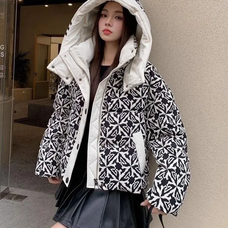 Printing Stitching White Duck Down Women\'S Down Jacket Hooded Thickened Trendy Coat Winter New