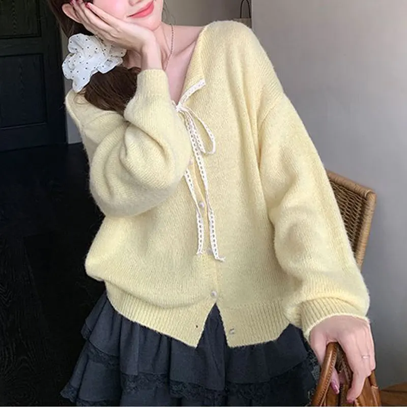 Fashion Lace Drawstring Knitted Cardigan Female Clothing Korean Spliced Autumn Winter Solid Color Vintage Loose Gentle Sweaters