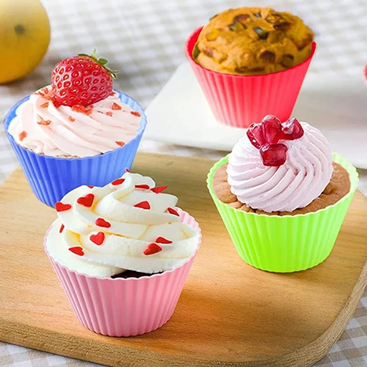 12 copos circulares de silicone para cozinha, resistente a altas temperaturas, anti-molde, pequenos copos de bolo, fritadeira de ar, cozimento, cor aleatória