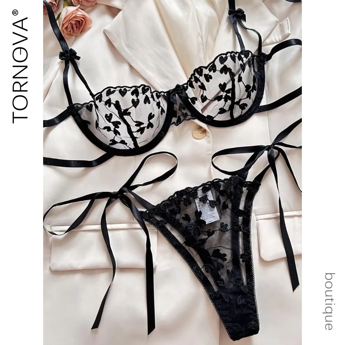 

Tornova 2 Piece Set Love Embroidered Sexy Underwear Suit for Women Mesh Patchwork See-Through with Steel Ring Sexy Lingerie New