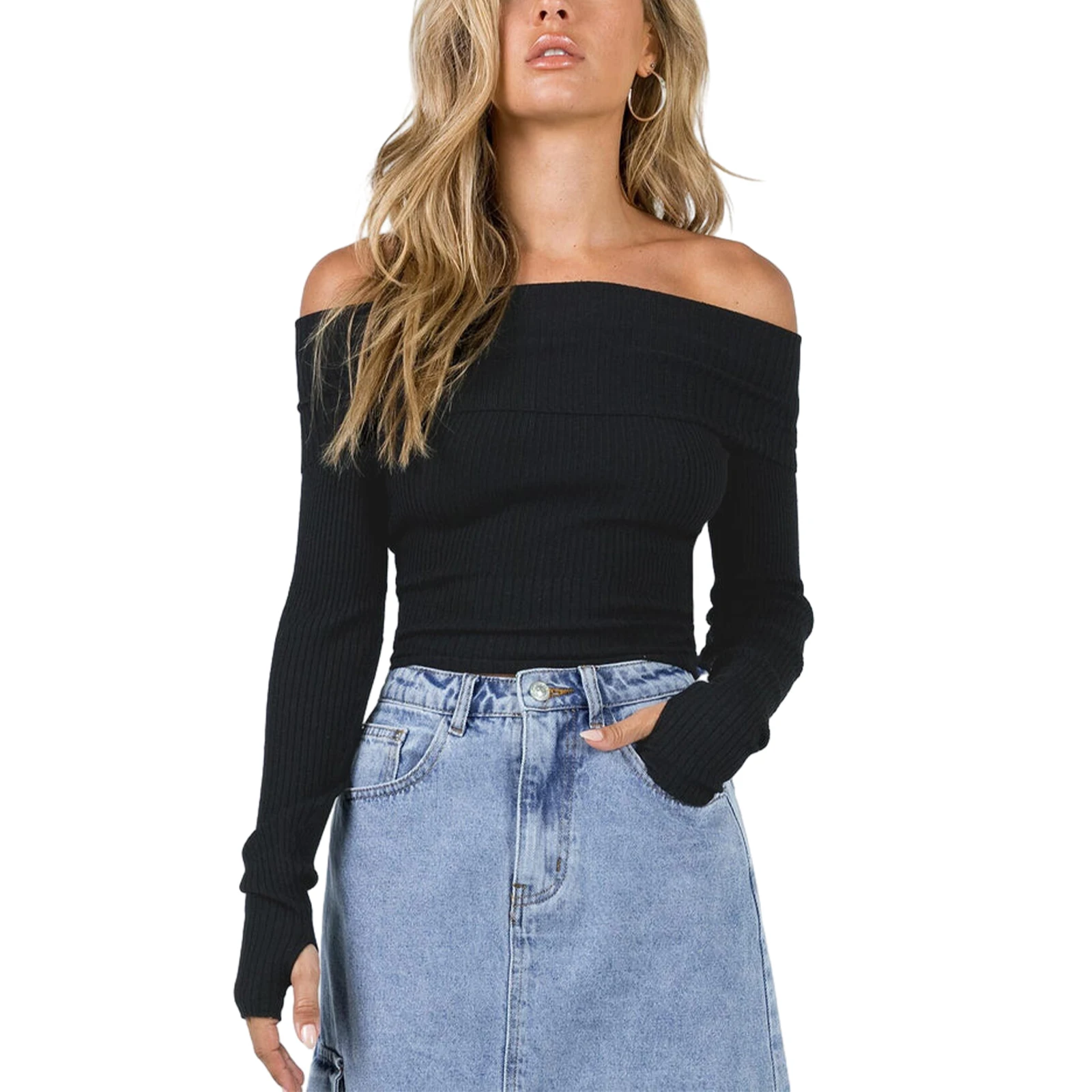 

Women's Off-Shoulder Pullover Cropped Tops Solid Color Ribbed Boat Neck Long Sleeve Short Knitwear Streetwear