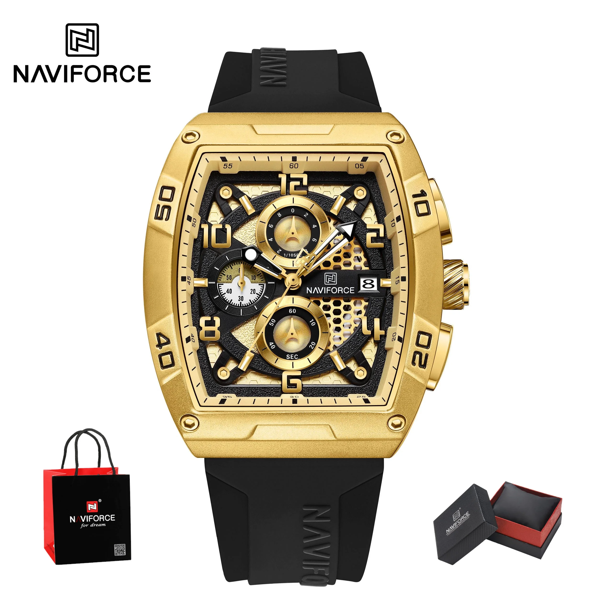NAVIFORCE Fashion Men’s Large Casual Male Wrist Watch Dia Multi-function PU Waterproof Clock Gold Design Quartz Watches Gifts