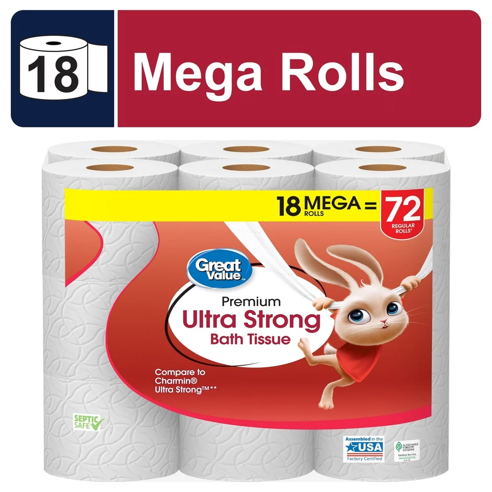 Papel higiénico ultra fuerte de 2 capas, 18 Mega rollos, tejido absorbente para baño, séptico, seguro, suave, en relieve, esencial familiar de lujo