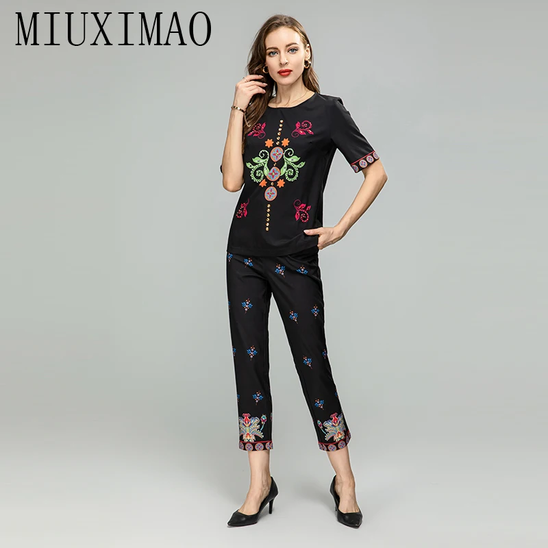 MIUXIMAO 2023 Fall Luxury Diamonds Sicily Elegant Set Flower Prints Top+ Slim Pants Fashion Two-piece Set Women