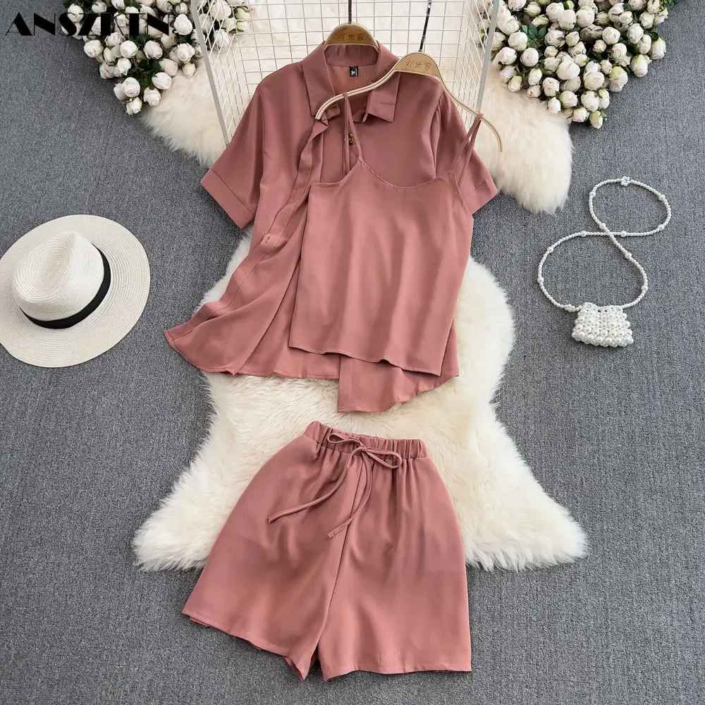 Short Sleeve 3 Piece Sets Women Short Pants Tops Crop Top 3 Piece Outfits Streetwear Fall Loose Casual Womens 3 Piece Set