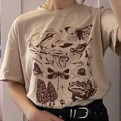 Cute Cottagecore Aesthetic Frog Mushroom Print Shirt Summer Fashion Women Street Tshirts Casual Cotton Short Sleeve Graphic Tops