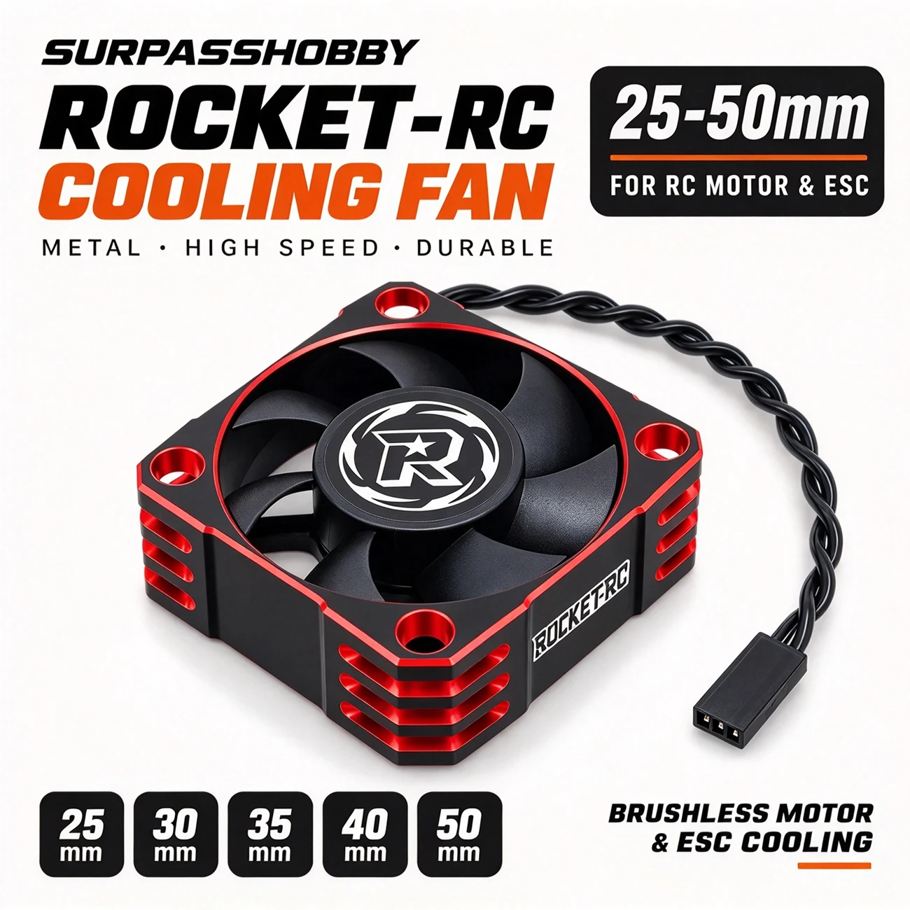 SURPASS HOBBY Rocket-RC Metal Cooling Fan 25/30/35/40/50mm for 1/8 1/10 RC Car Motor ESC Heat Dissipation Upgrade Part Red&Black