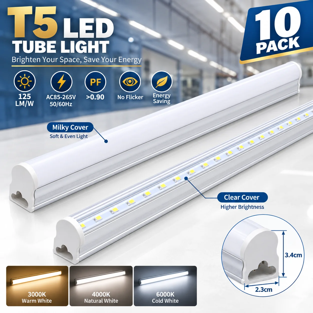10 Pack T5 LED Tube Light Integrated Fixture 10W-30W High Brightness No Flicker LED Batten Ceiling Lamp for Home Office Workshop
