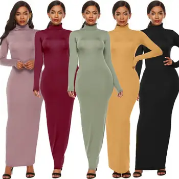 Image Women Long Dresses Plus Size Party Solid Color Women Long Sleeve Turtleneck Bodycon Dress Maxi Vestidos S-5XL