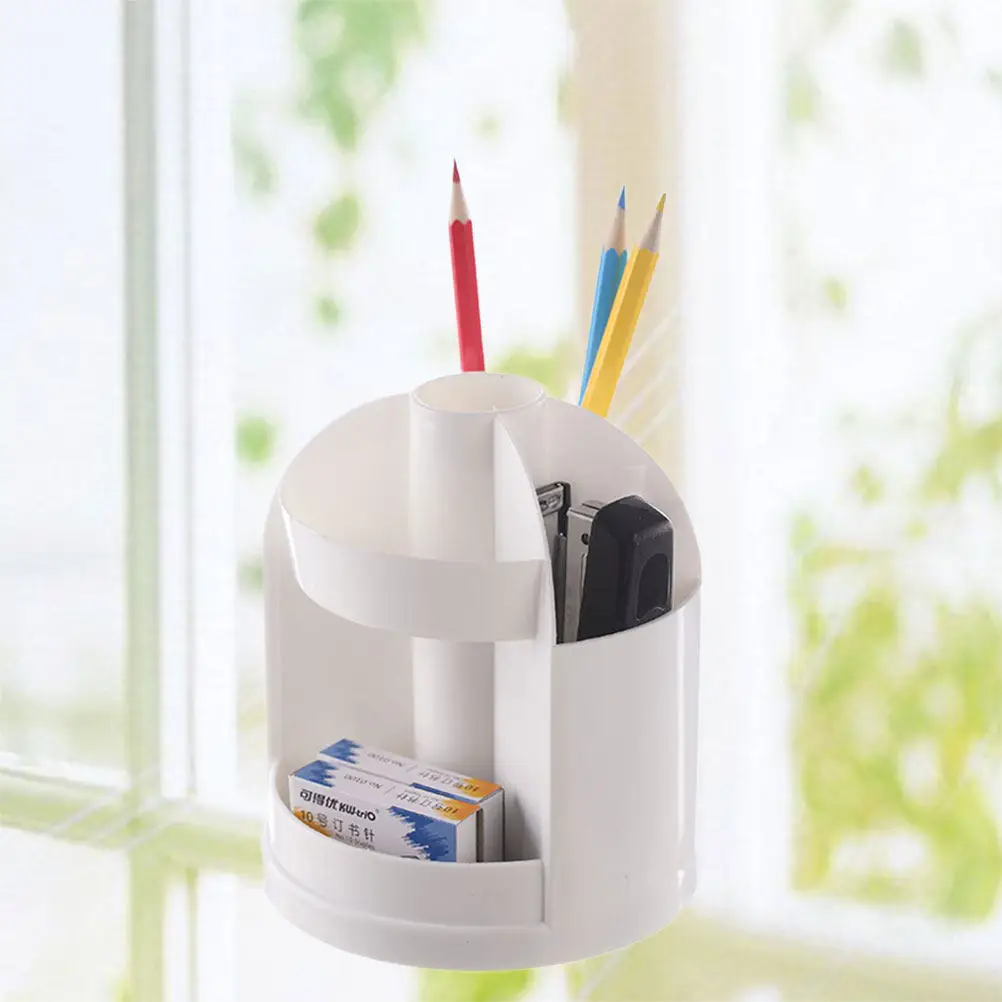 

White Multi-Function Rotating Pen Holder Plastic Desktop Organizer for Stationery Pencils Cosmetics and Daily Essentials
