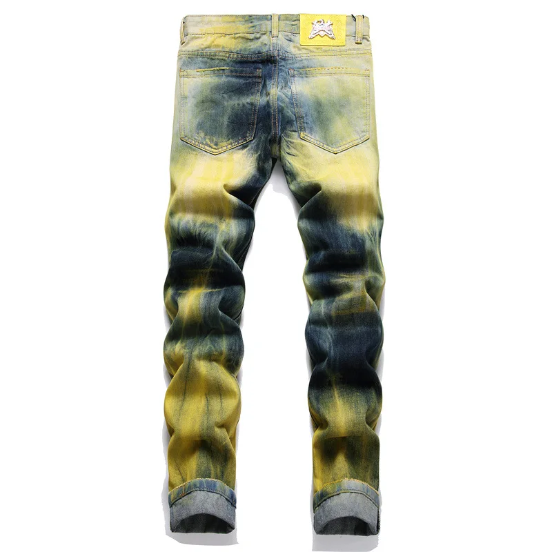 New Spring Autumn Long Streetwear Fashion Cowboy Washed Yellow Paint Printed Luxury Slim Jeans Hip-hop Stretch Denim Trousers