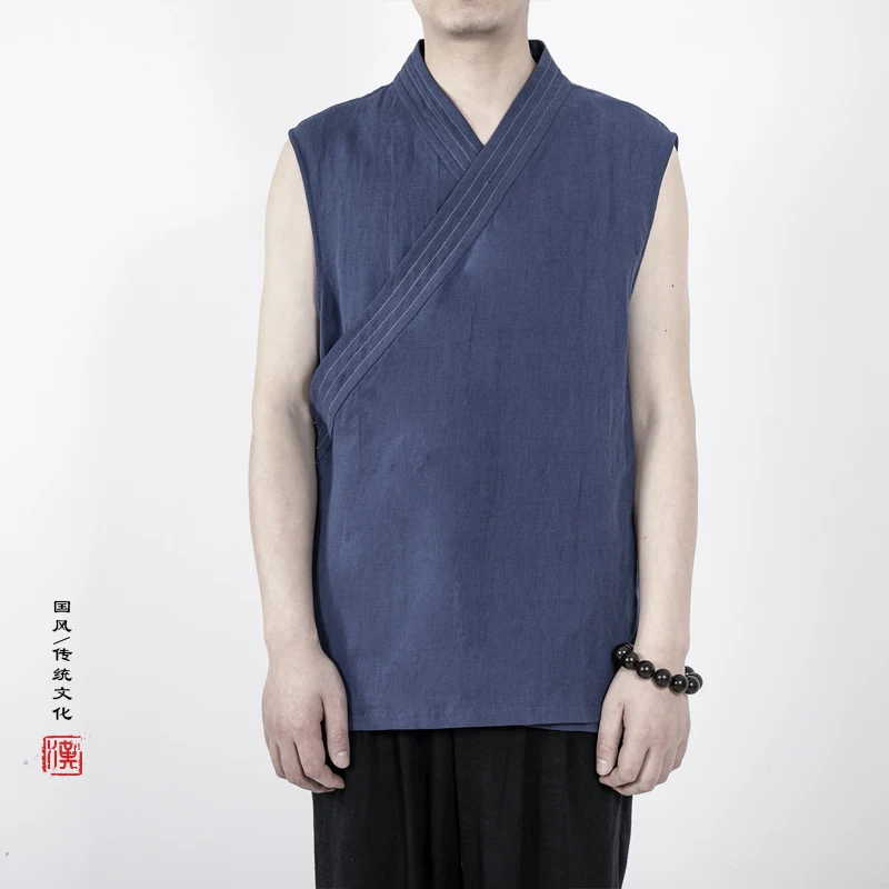 2023 Summer Chinese Traditional Sleeveless Jackets Hanfu Vest Men Linen Cotton  Top Mens Tang Suit Kimono Cardigan Mens Slit Top