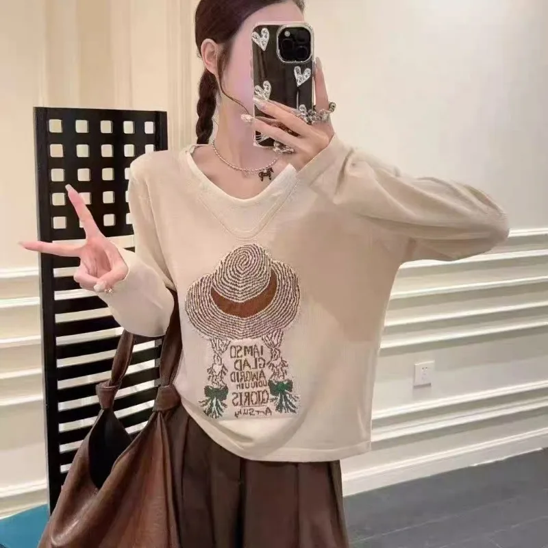 

Women Clothing Knitted Printed Long Sleeve Sweaters Autumn Thin Fashion Sweet Chic Tops V-neck Casual Loose Knitwears