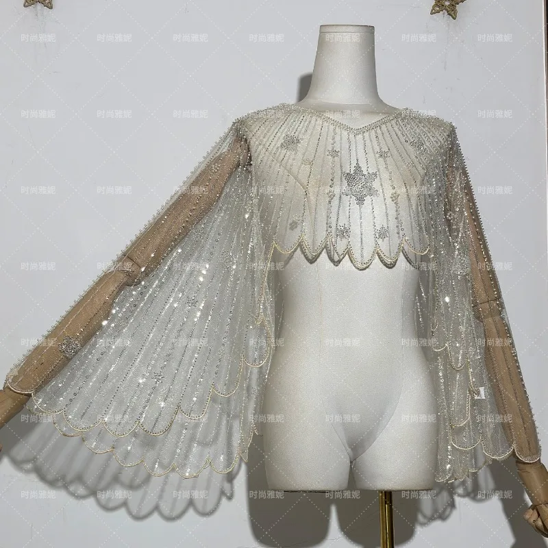 Glitter Sequins Beaded Stars Diamonds See Through Wing Shawl Cape Women Fashion Clubwear Tops Birthday Party Cover Up Streetwear