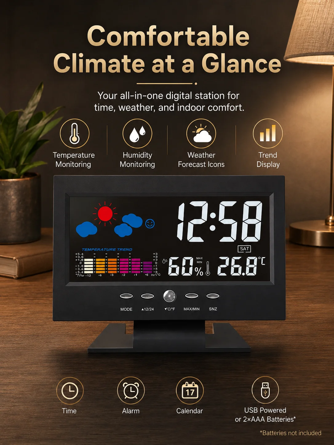 Multifunction Indoor Thermo-Hygrometer Digital Desk Clock Weather Display Time Date Calendar Snooze Alarm Clock Household Decor