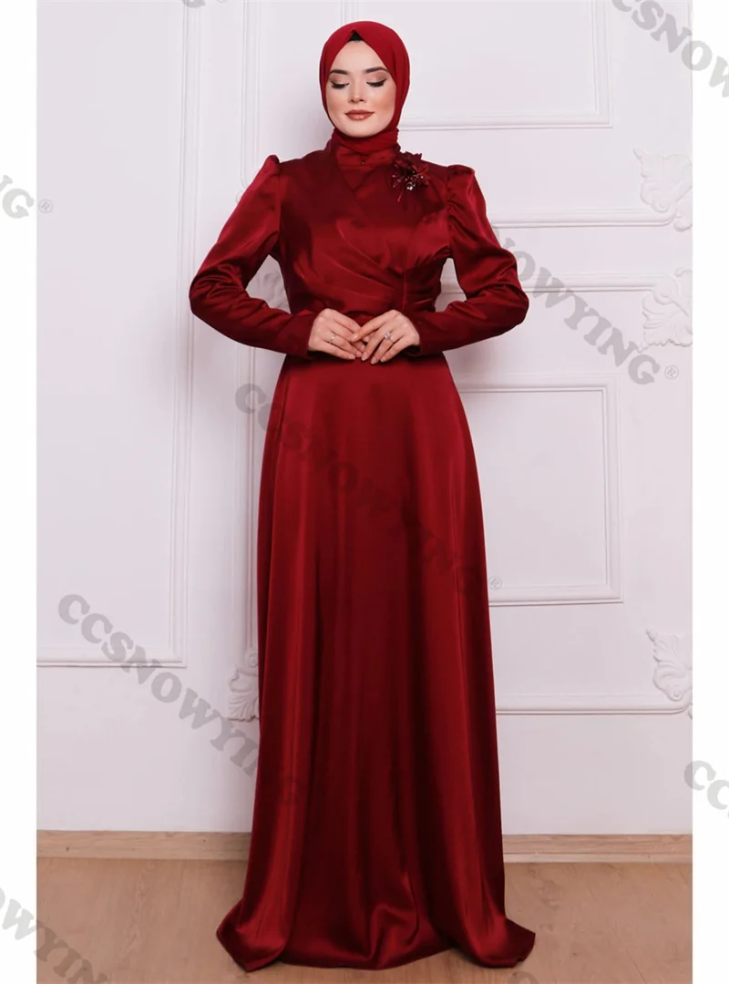 Robe de Soirée de Forme Trapèze en Satin à Manches sulfpour Femme Musulmane, Vêtement Islamique avec Hijab, Disponible en Bordeaux, Style Arabe et Dubaï