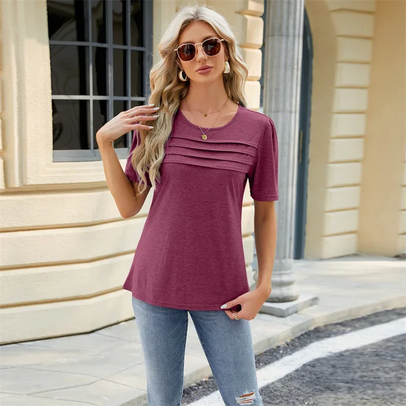 Fashion Women Multi Layers Splice Decoration T-Shirt Pleated Bubble Sleeve Tops Female Comfortable Casual Loose Solid Color Tees