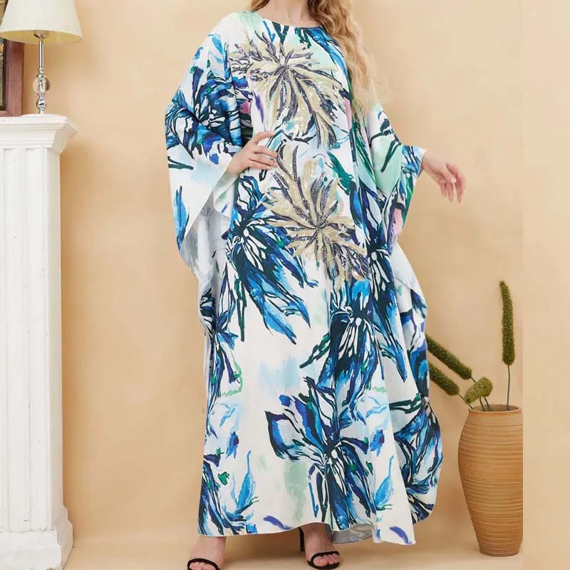 

Long Printed Islamic Dress Bohemian O-neck Loose Muslim Women's Abaya Sequins Kimono Women Clothes Saudi Arabia Bat Sleeve Robe