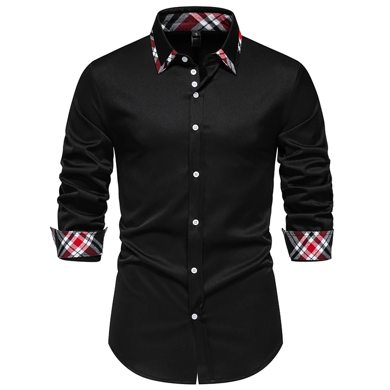 Men Shirt Long Sleeve Black Solid Red Paisley Color Contrast Fashion Dress Shirt for Men Button-down Collar Men Clothing