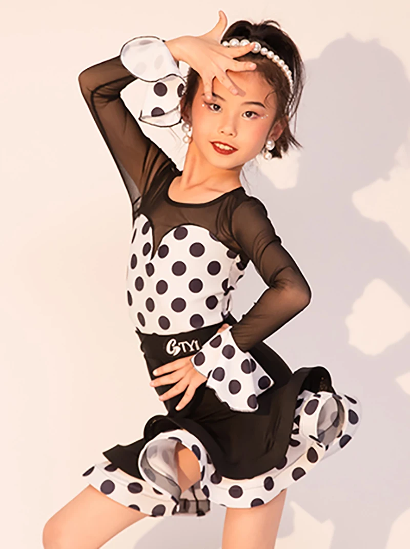 Kinder Meisjes Latin Dance Dress Mesh Ruches Dot Printing Ballroom Rumba Dancewear Training Chacha Performance Kostuum Outfits