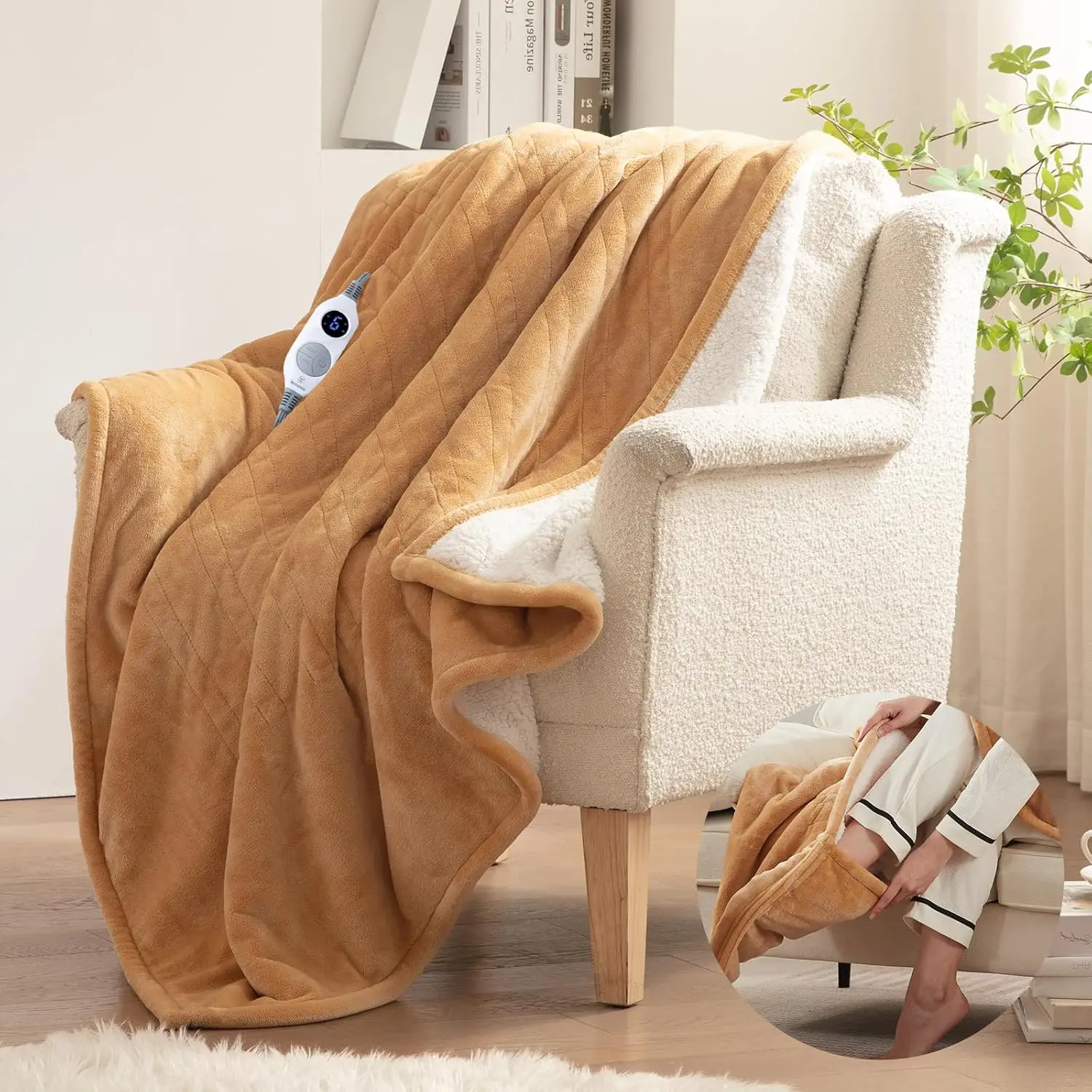 

Одеяло с электрическим подогревом и карманом для ног, ультрамягкая фланель для шерпы, 6 уровней нагрева и таймер, можно стирать в машине, коричневый