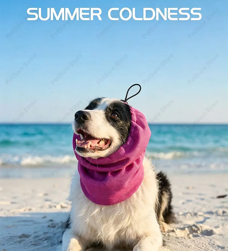 An adjustable pink and grey elastic mesh dog cooling snood worn by a golden retriever for outdoor bug protection.