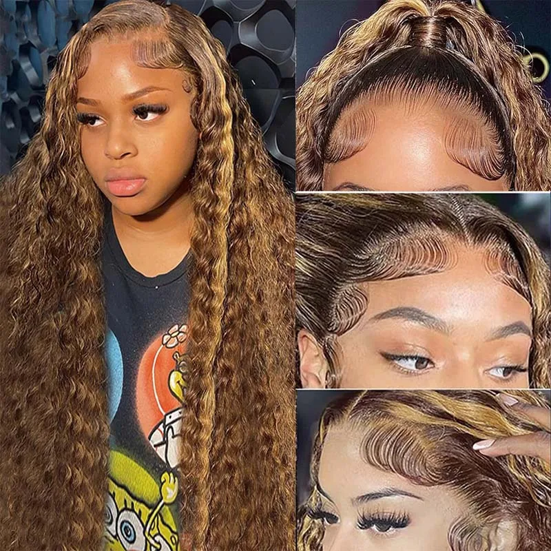 Highlight 4/27 Original Brazilian Human Hair Wig Lace Front Water Wave Honey Blonde 13x4 Lace Frontal Human Hair Curly Wigs